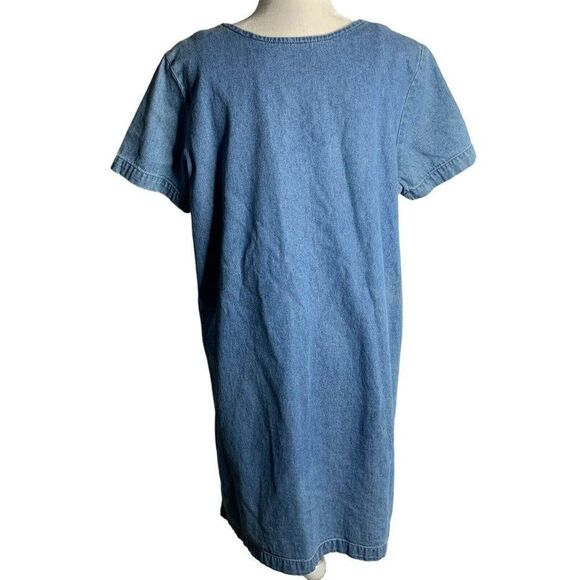 Vintage Denim Chambray Shift Dress L Fish Pockets Short Sleeves - Picture 5 of 7